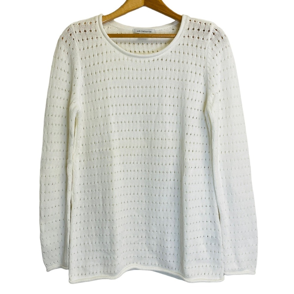 Liz Claiborne Sweater Womens Medium White Pointelle Knit Cotton Long Sleeve